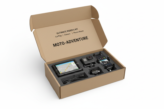 une boite avec un carplay moto une go pro et un support telephone moto